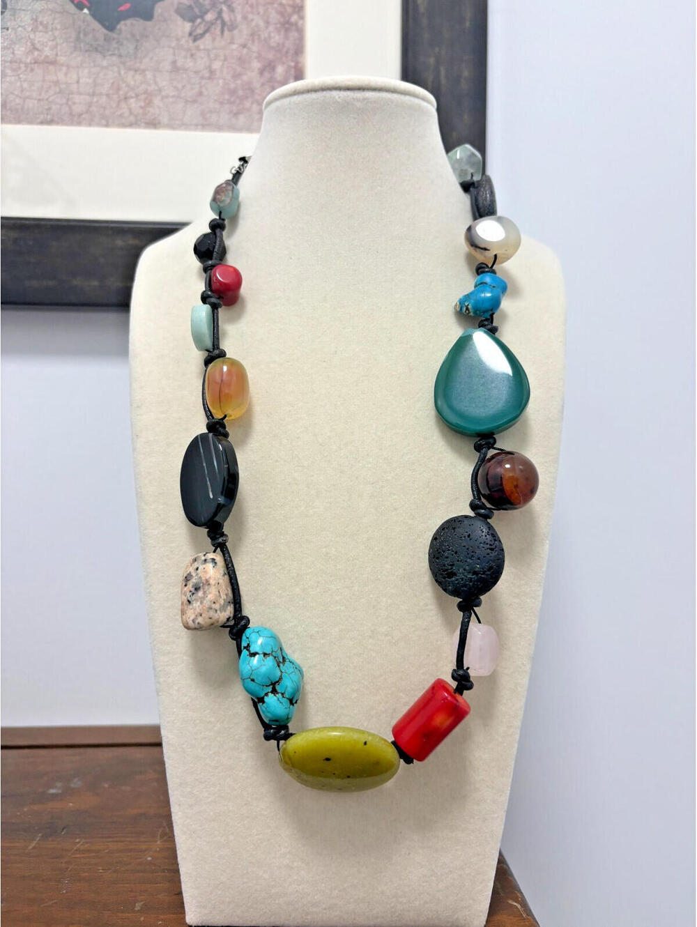 Big Bold Mixed Stone Necklace w/ Turquoise Obsidian Lava Agate Boho Natural 23"